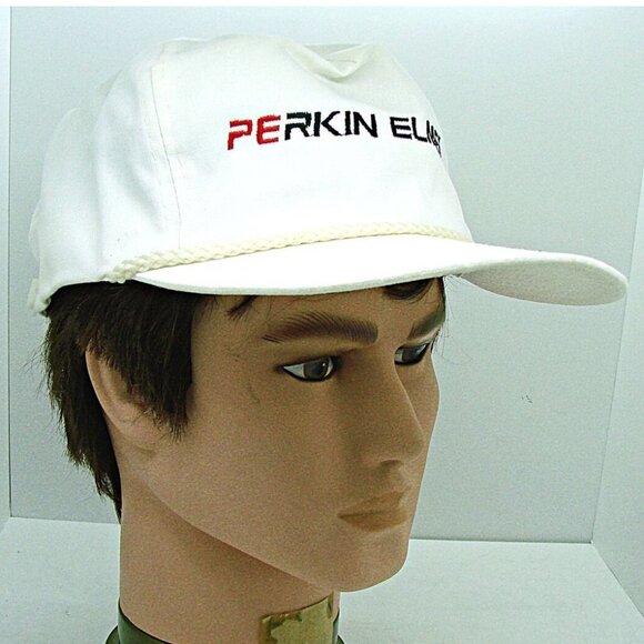 Vintage Perkin Elmer Adjustable Clip Back Baseball Cap Nissin Unisex Adult White - Picture 1 of 12